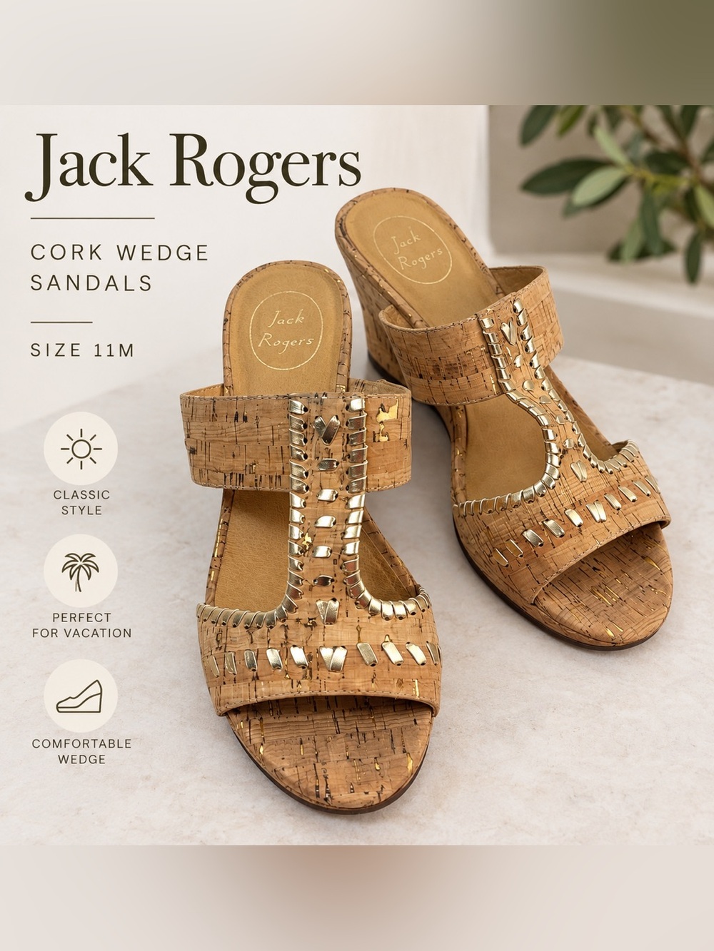 Jack Rogers Cork Wedge Sandals Size 11 Gold Metallic Embellished Slides